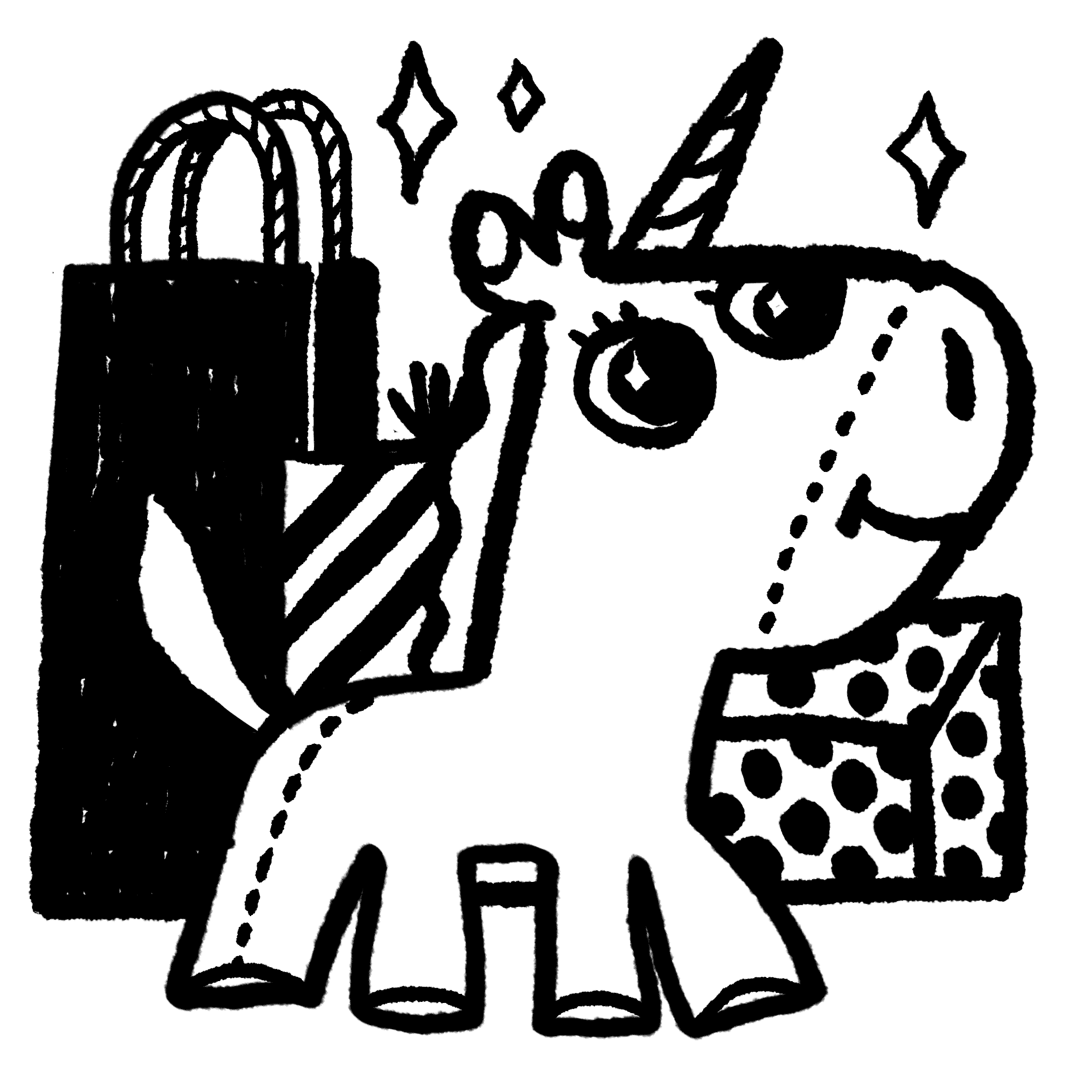 unicorn winking surrounded by gifts