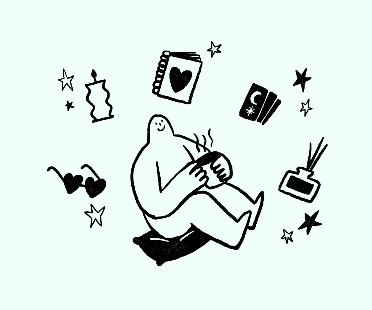 Illustration of person surrounded by candles, notebooks and other gifts.
