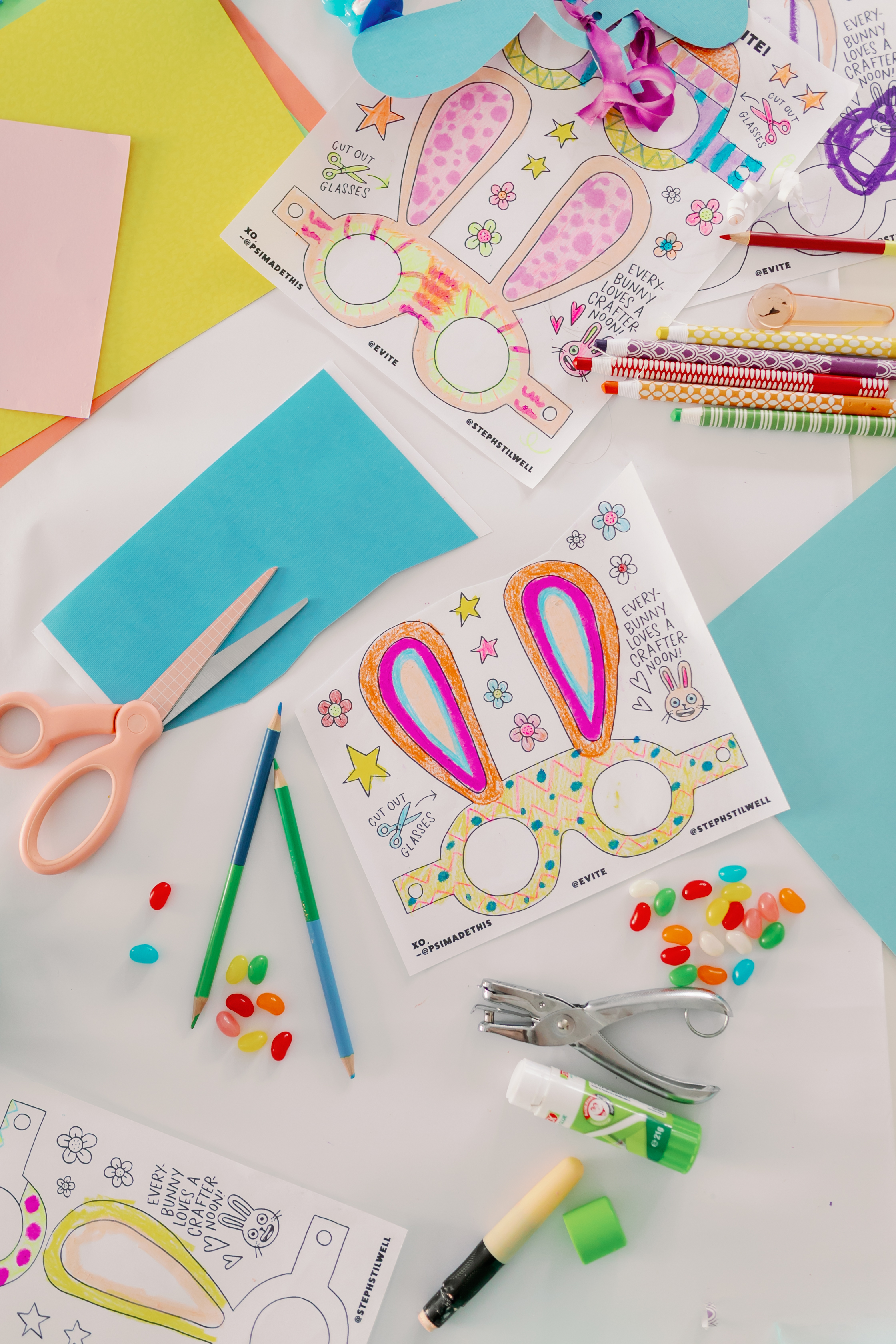 Colored-in Easter printable and jelly beans.