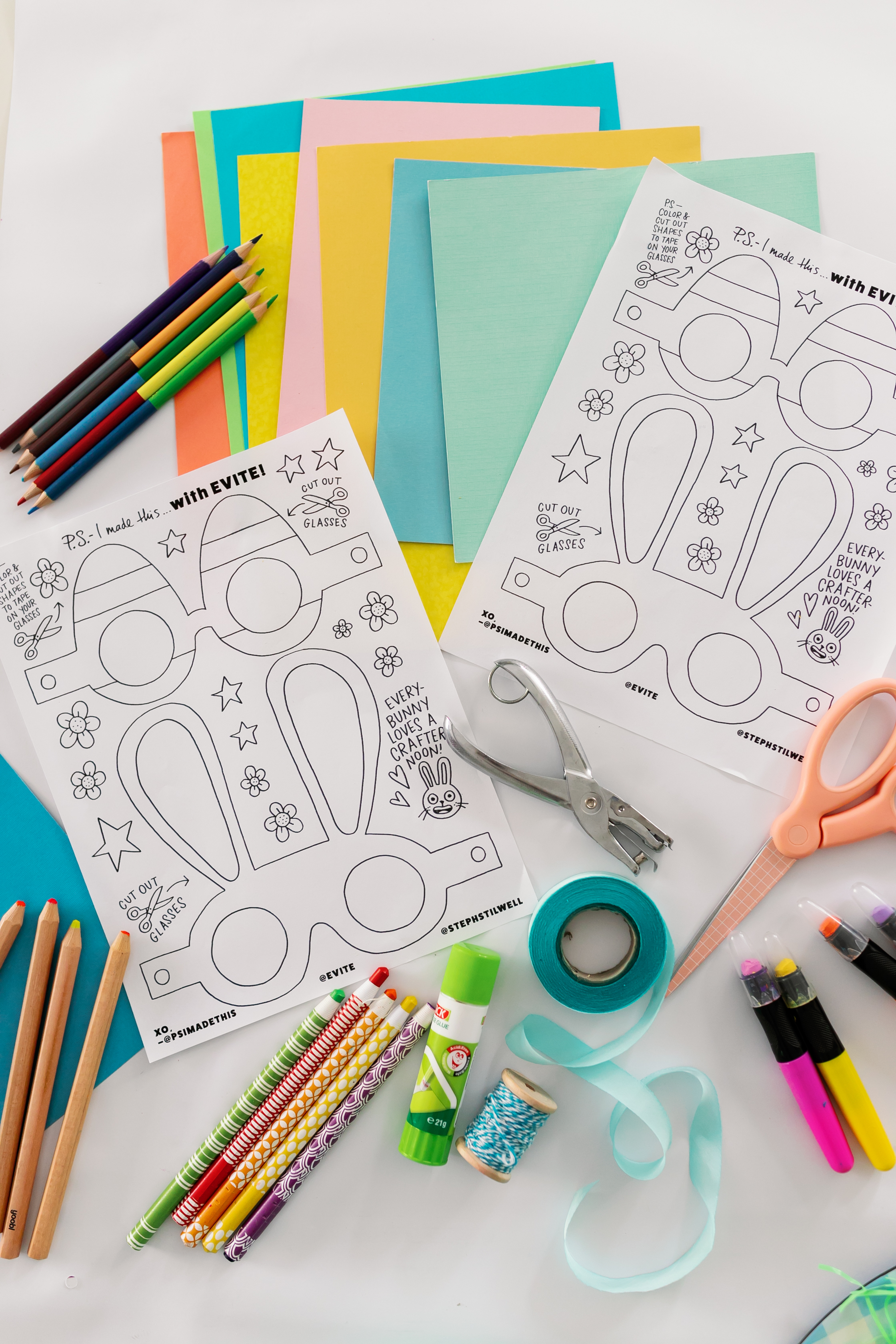 Colorful paper, colored pencils and eyeglasses printable.