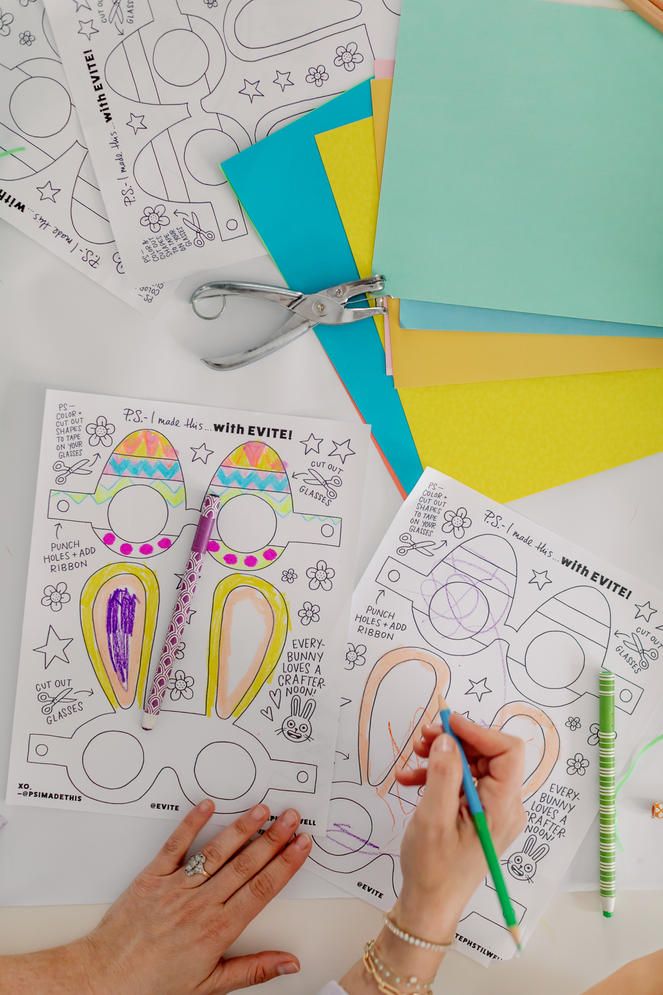 Art supplies and partially colored Easter printable.