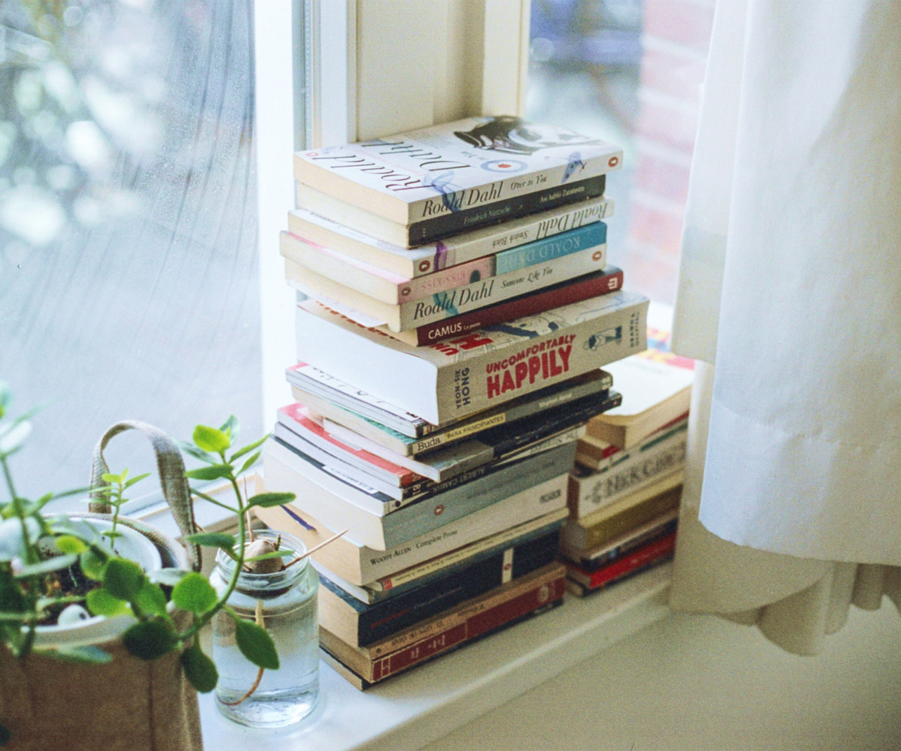 Stack of books by a window.