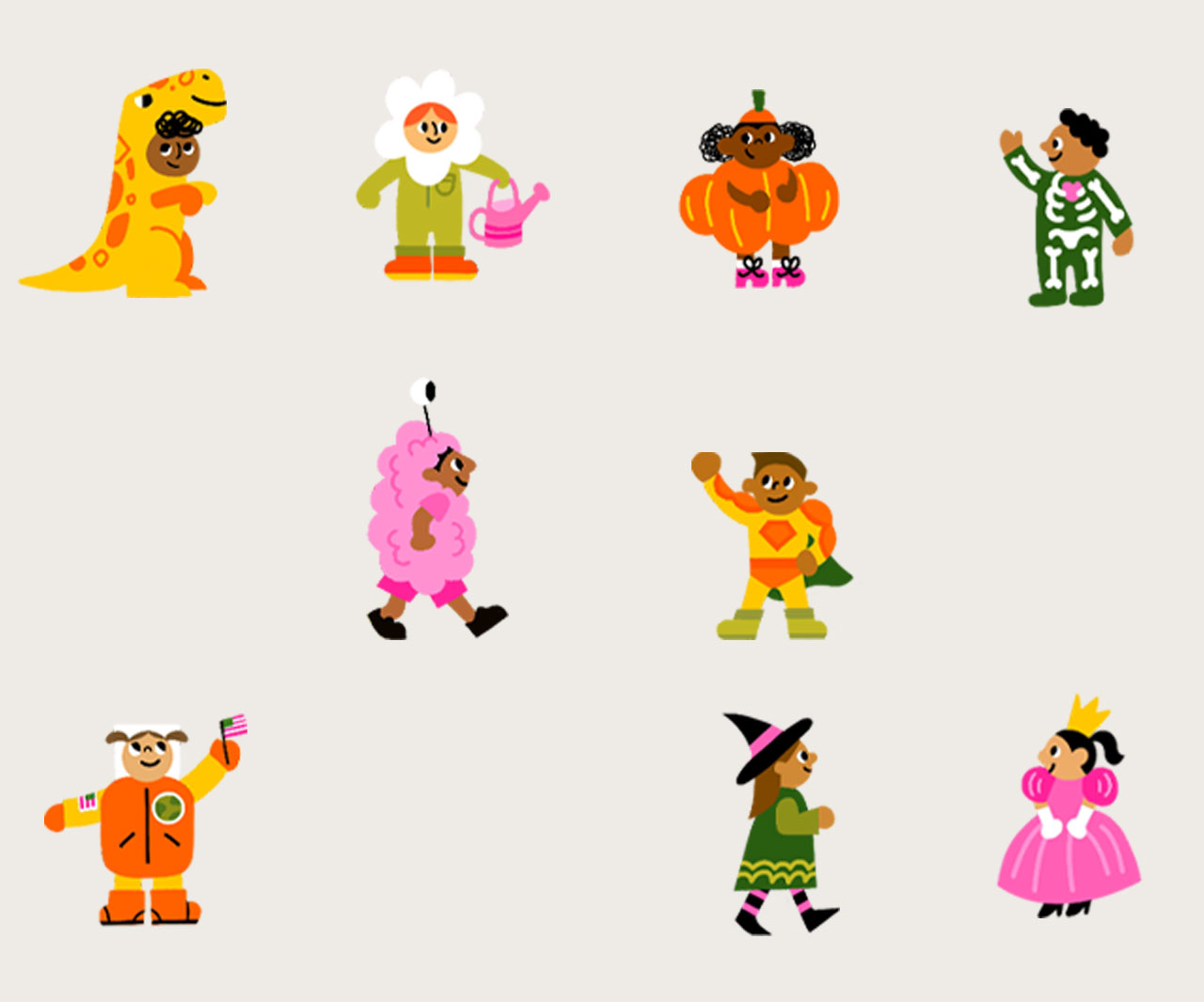 Illustrations of kids dressed up in various Halloween costumes.