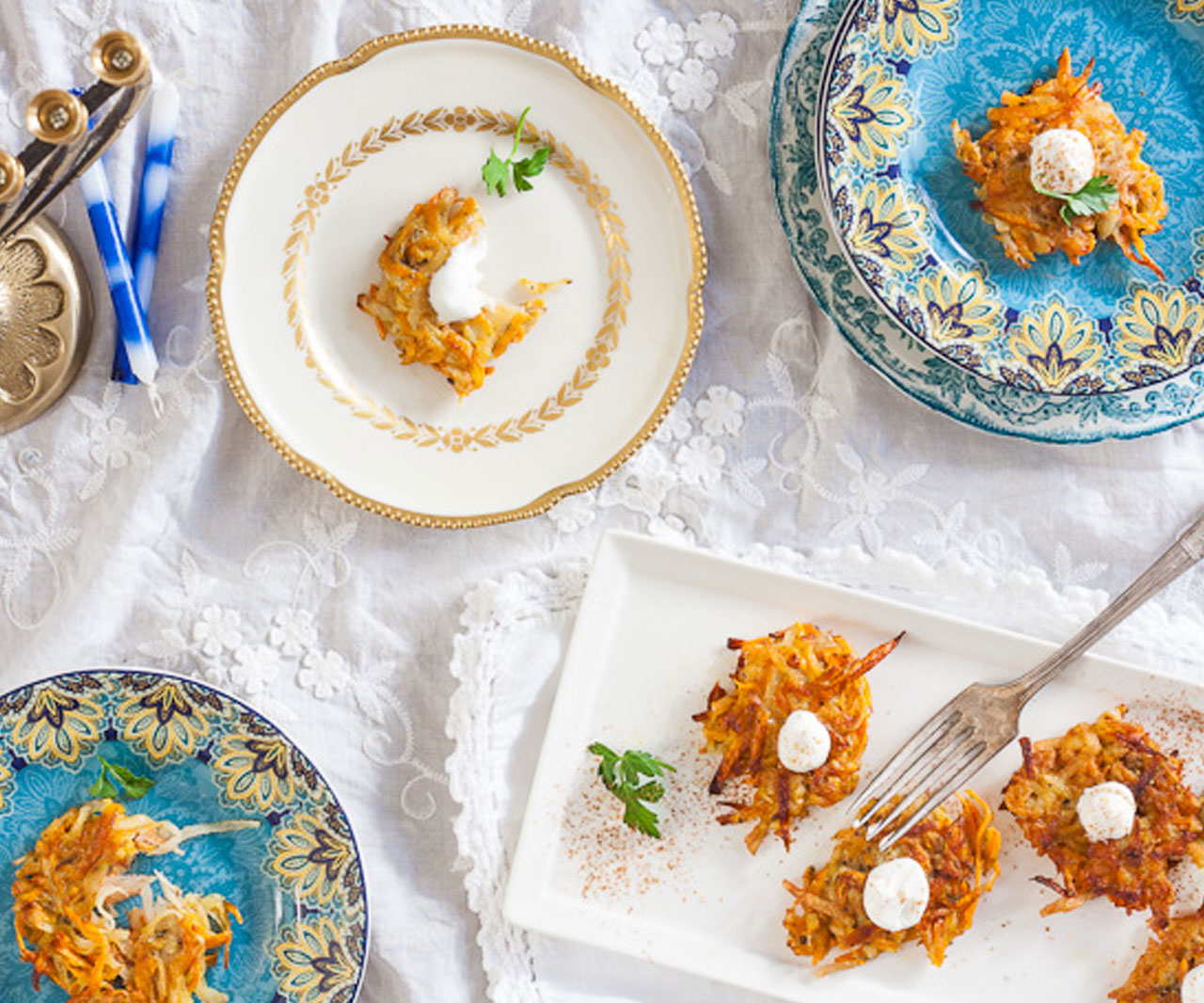 Sweet potato latkes on a table.