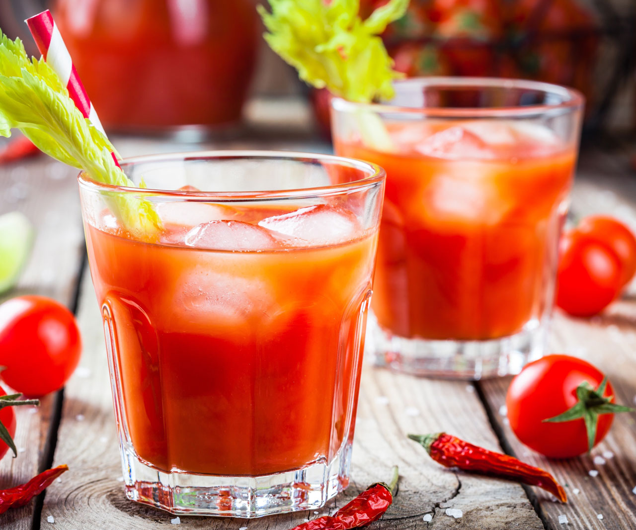 Bloody Mary drinks on a table.
