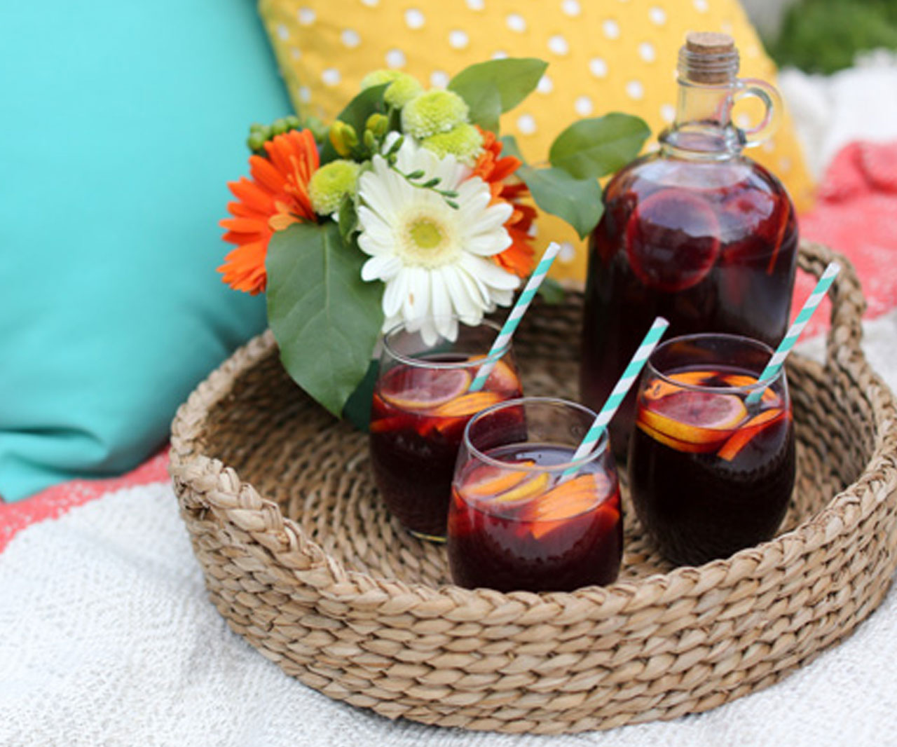 Sangrias on a woven tray.