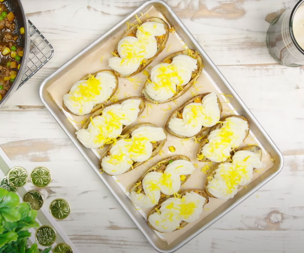 Shepherd's pie potato skins on a tray.