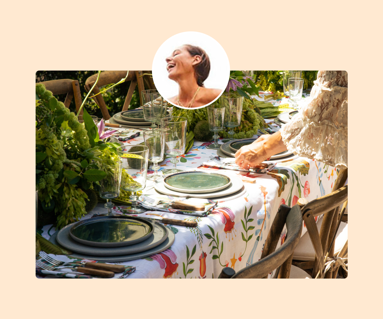 Beautiful table being set up for an outdoor summer solstice party with a photo of Marlien Rentmeester.