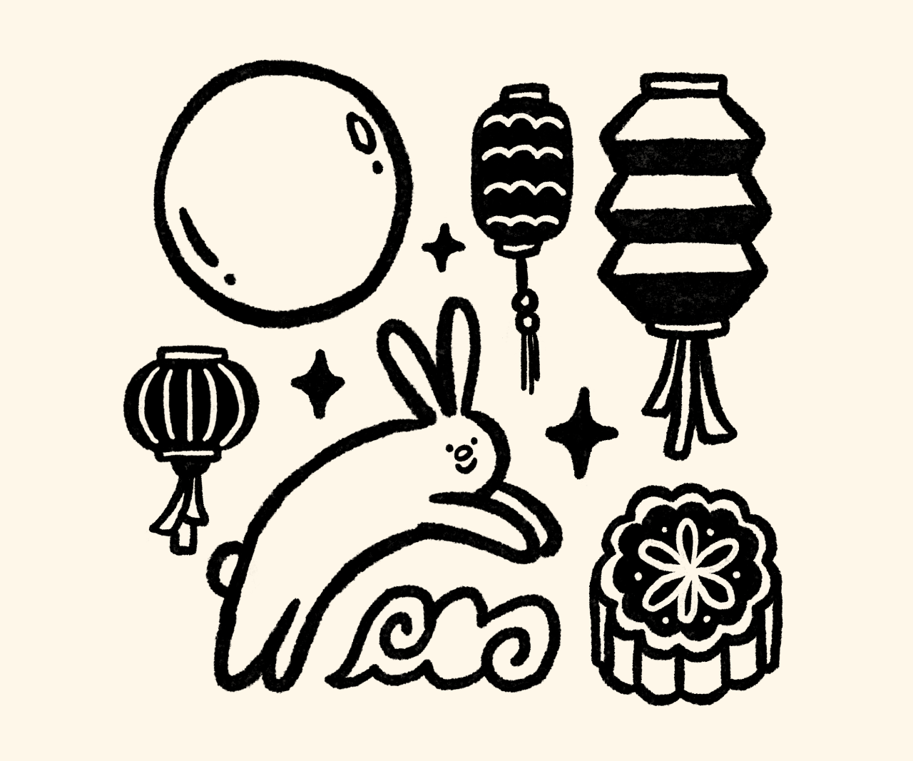 Illustration of a rabbit, lanterns and mooncakes.