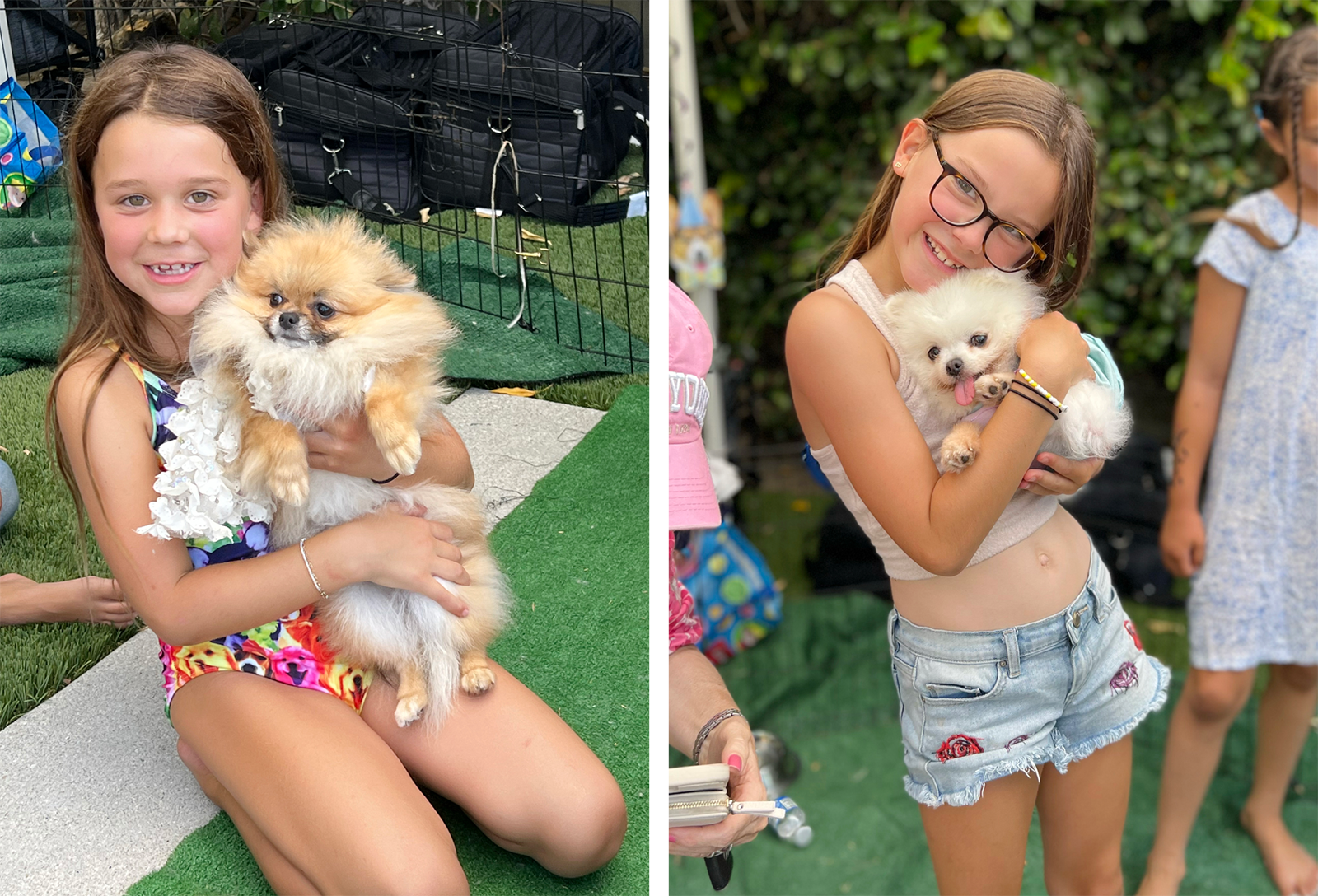 Girls holding puppies.