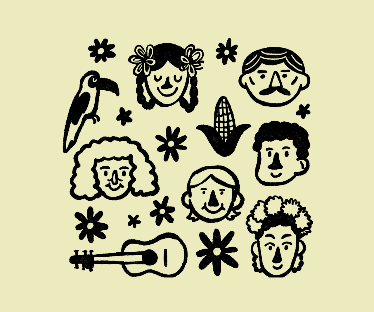 Illustrations of people's faces, corn, flowers, and a guitar.