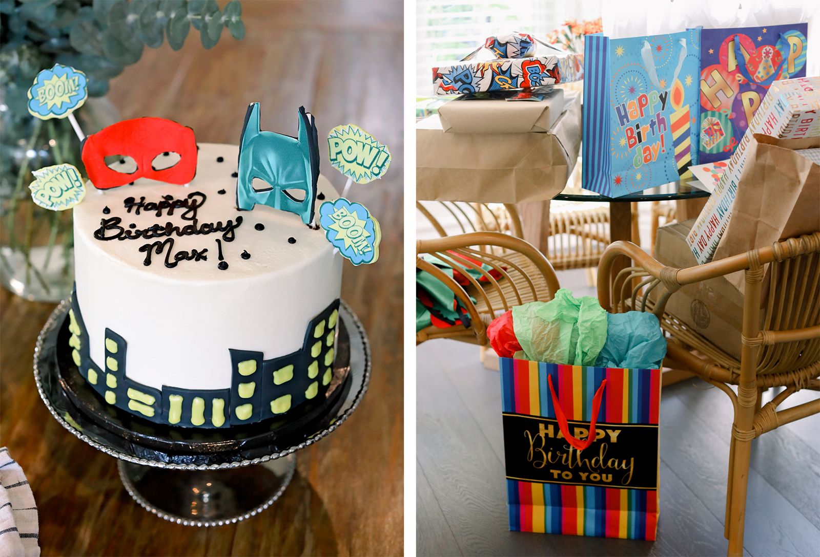 On left, a superhero-themed birthday cake. On right, presents on chairs and a table.
