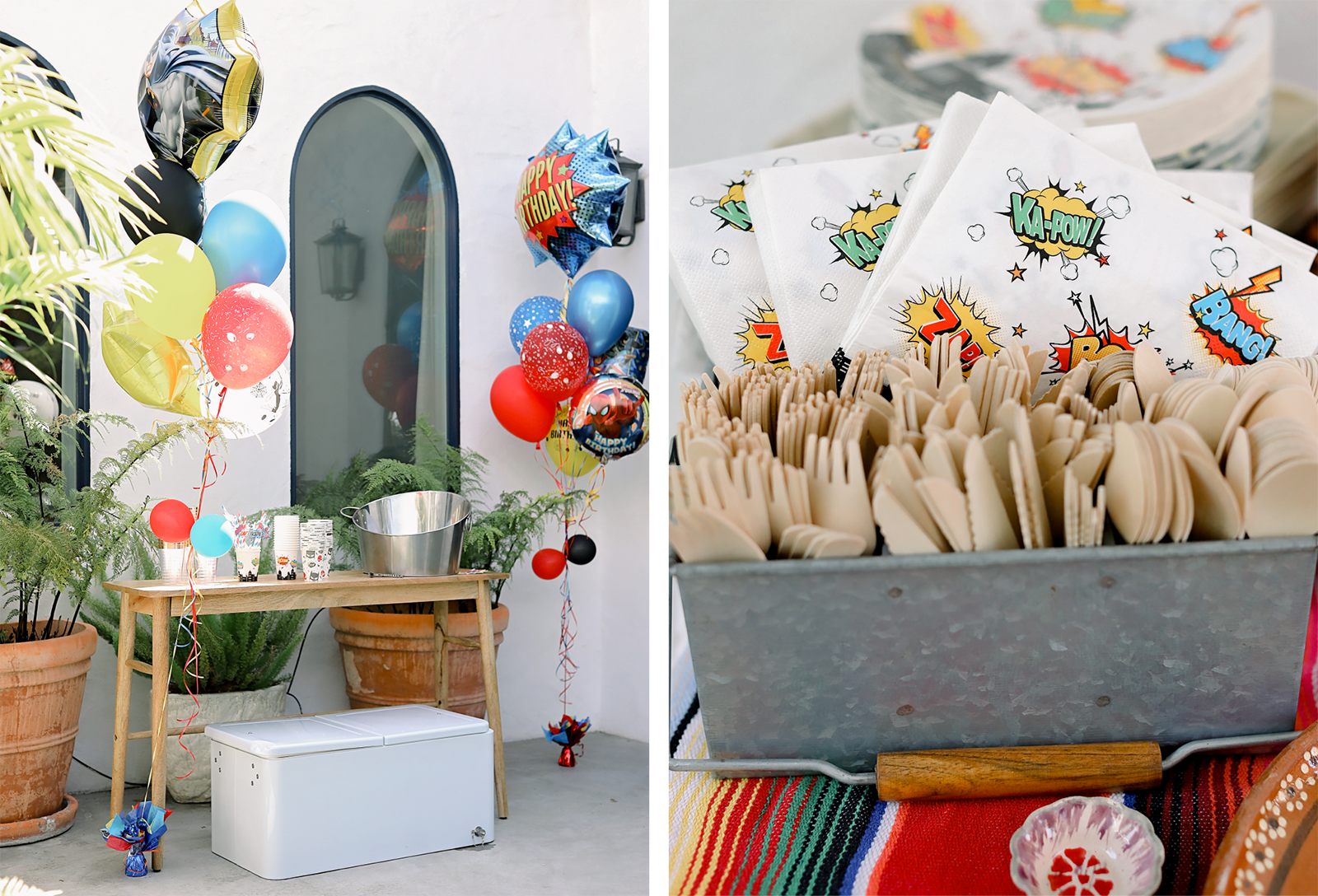 On left, image of a drinks table at a superhero birthday with balloons. On right, image of cutlery and superhero napkins.
