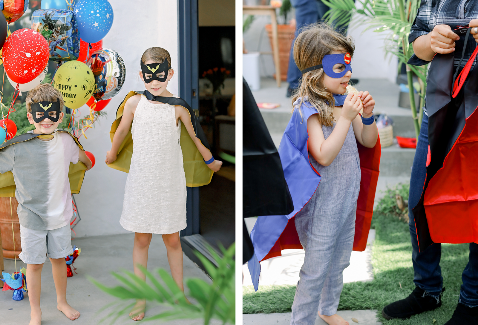 On left, two kids in superhero costumes with balloons behind them. On right, a little girl in a superhero costume eating a taco.