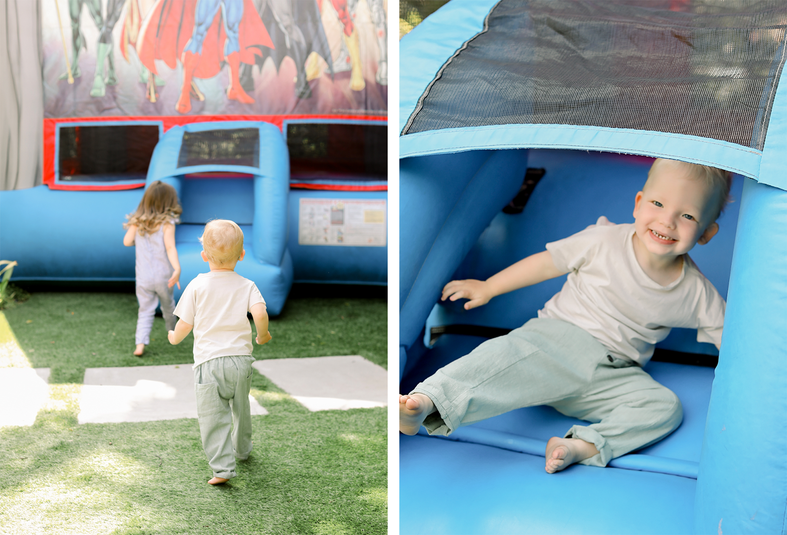 On left, an image of two kids running towards a bounce house. On right, a little boy sliding down a bounce castle slide.