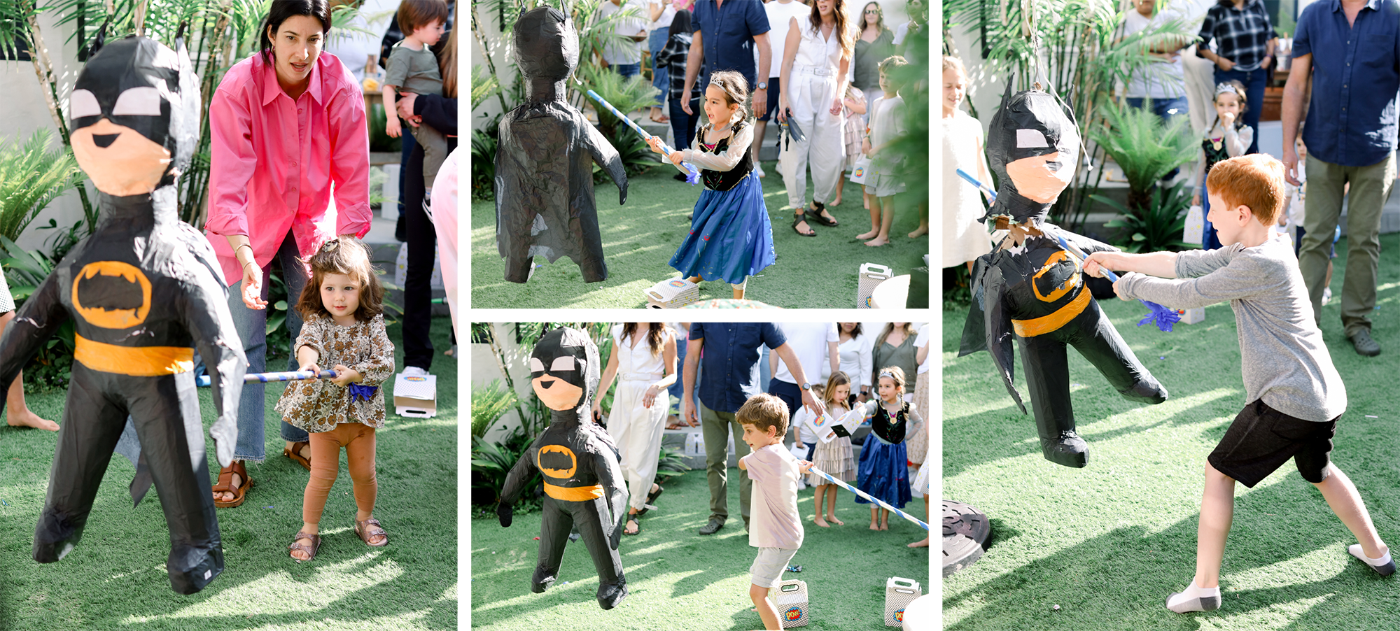 Image collage of kids hitting a superhero piñata.