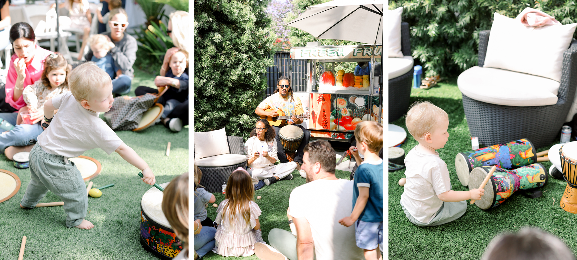 Three images of kids enjoying a music circle with drums, guitar and singing.