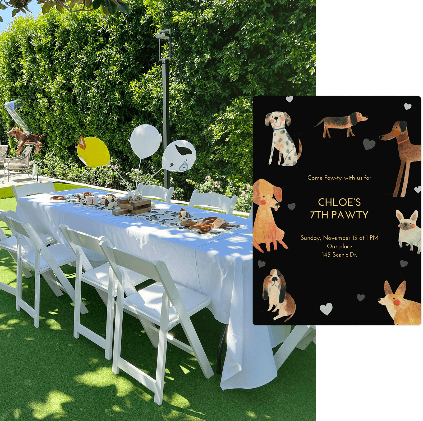 A table set up for a party outside next to a dog-themed invitation.