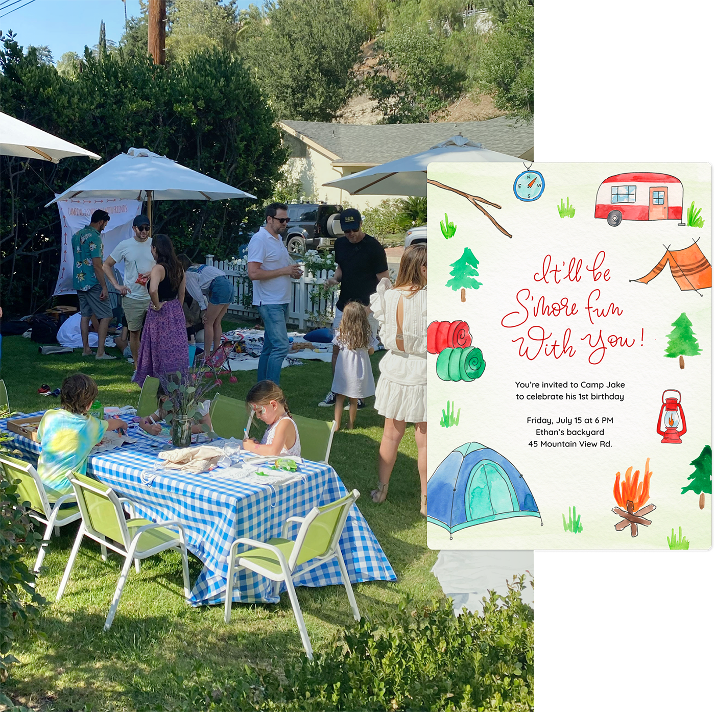People playing in a backyard at a birthday party next to a camp-themed invitation. 
