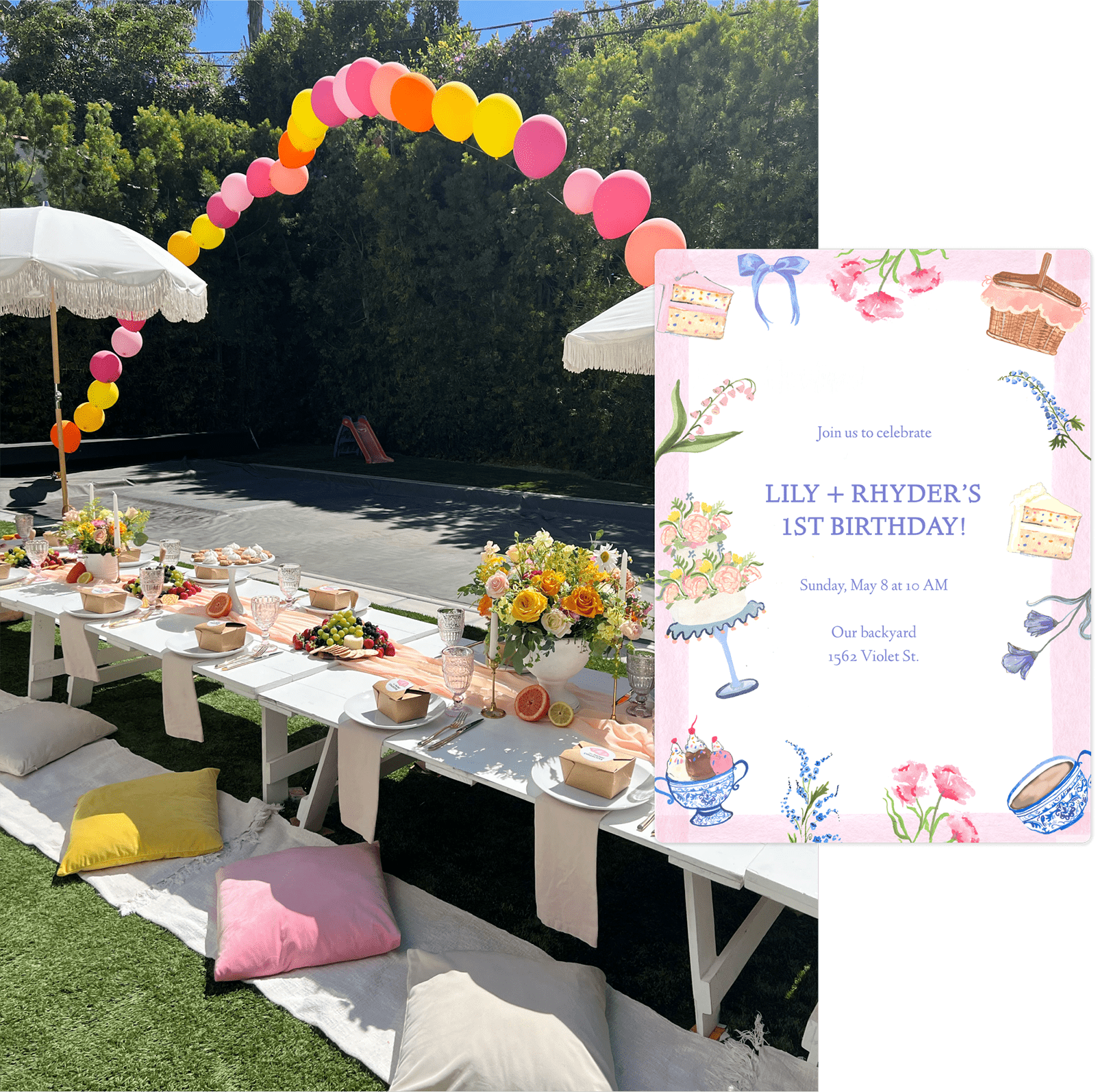 Colorful balloon arch next to a table decorated with flowers and food at an outdoor party next to an invitation.