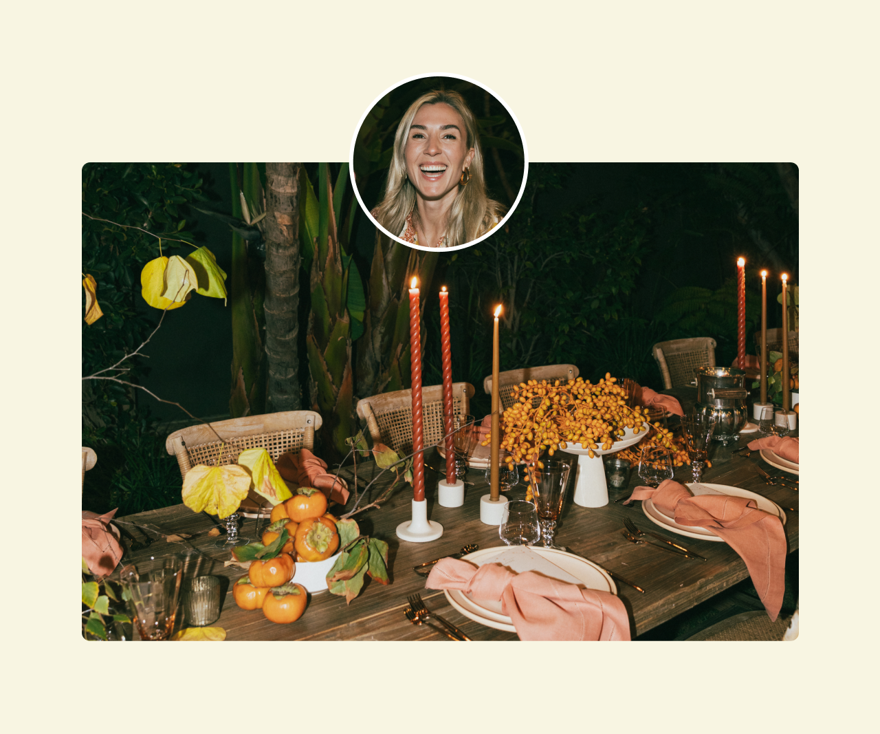 A table set with plates, napkins, candles, and persimmons. A smaller picture of Olivia Muniak is centered at the top of the image.