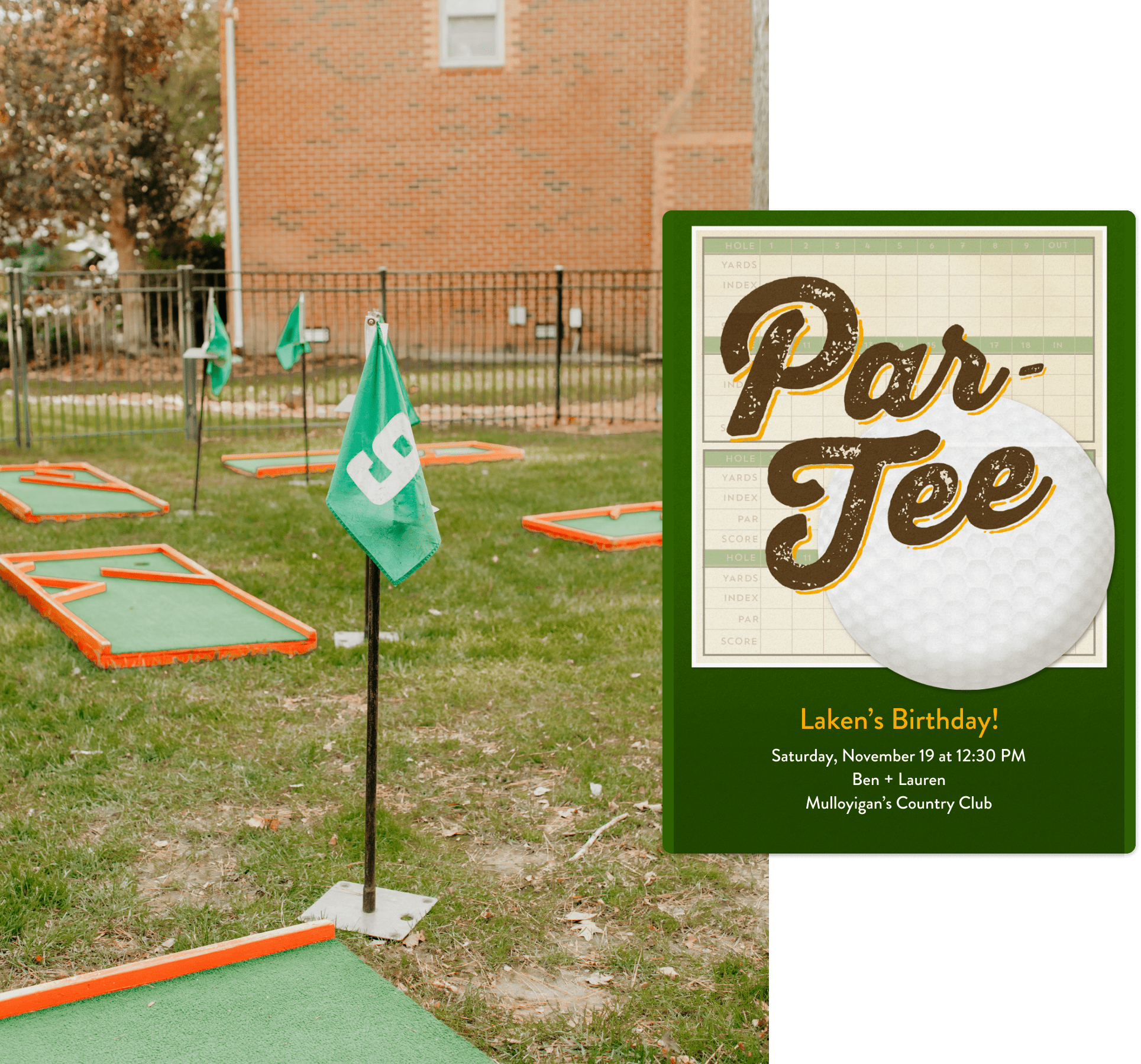 Mini gold putting stations with an image of the birthday invitation to the right.