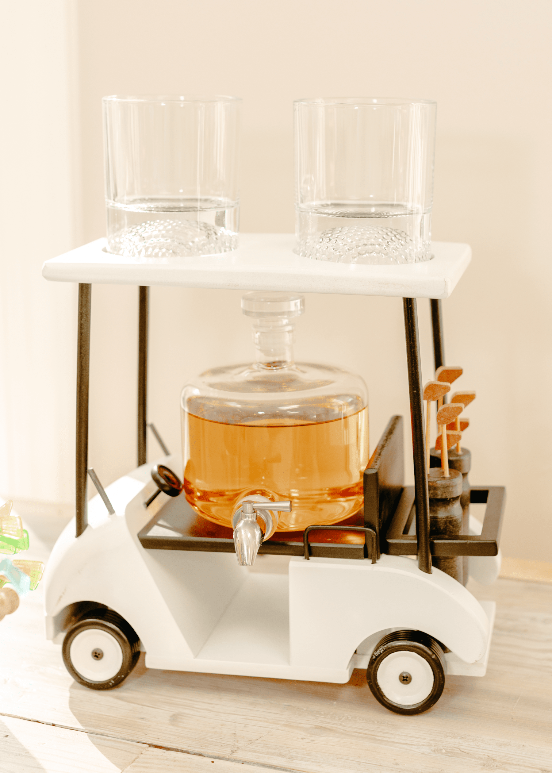 A golf cart drinks station.