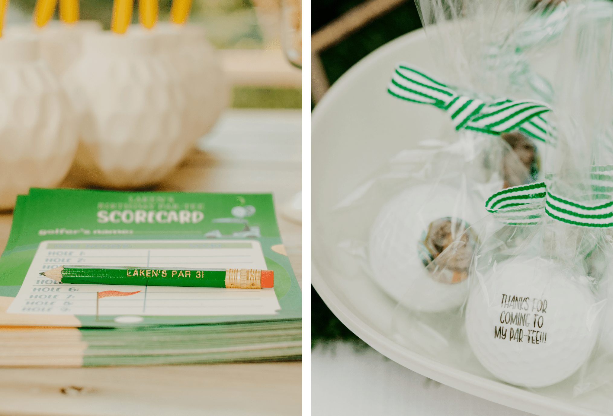 Two images of party decor, including a personalized scorecard and personalized golf ball goodie bags.