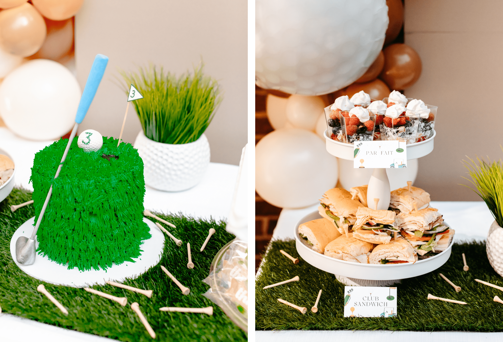 A picture of the golf-themed birthday cake and a picture of yogurt parfaits and sandwiches.