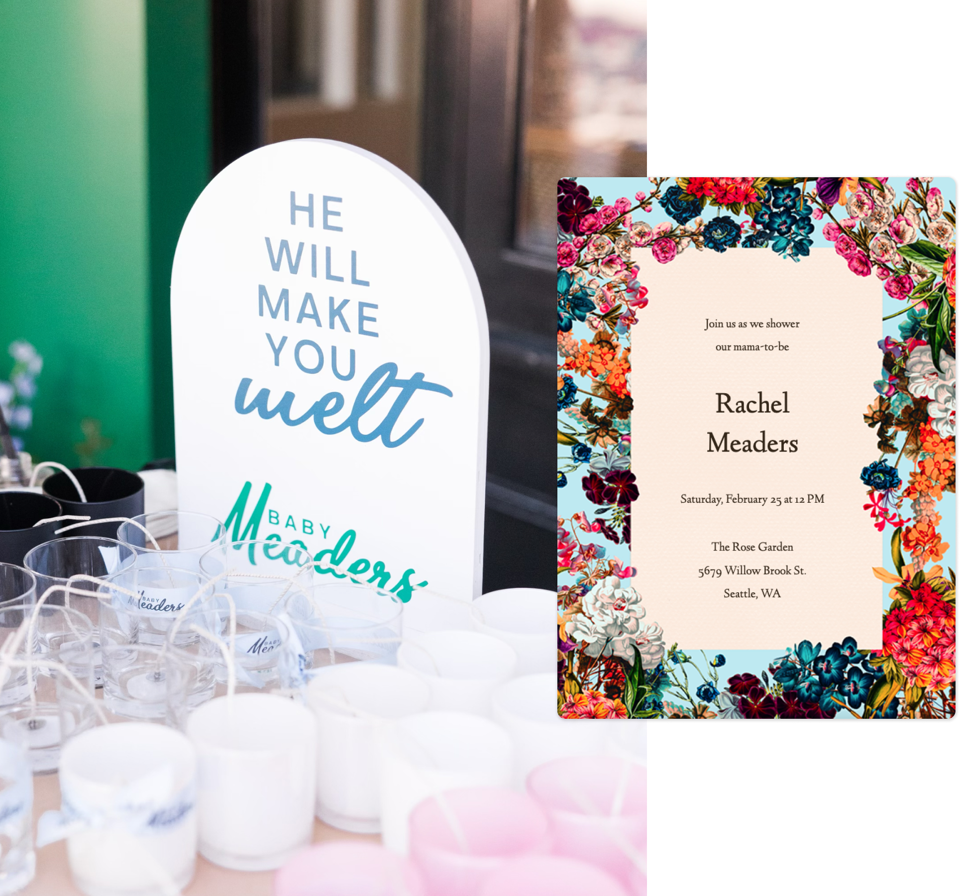 Personalized candles and a baby shower invitation to the right.