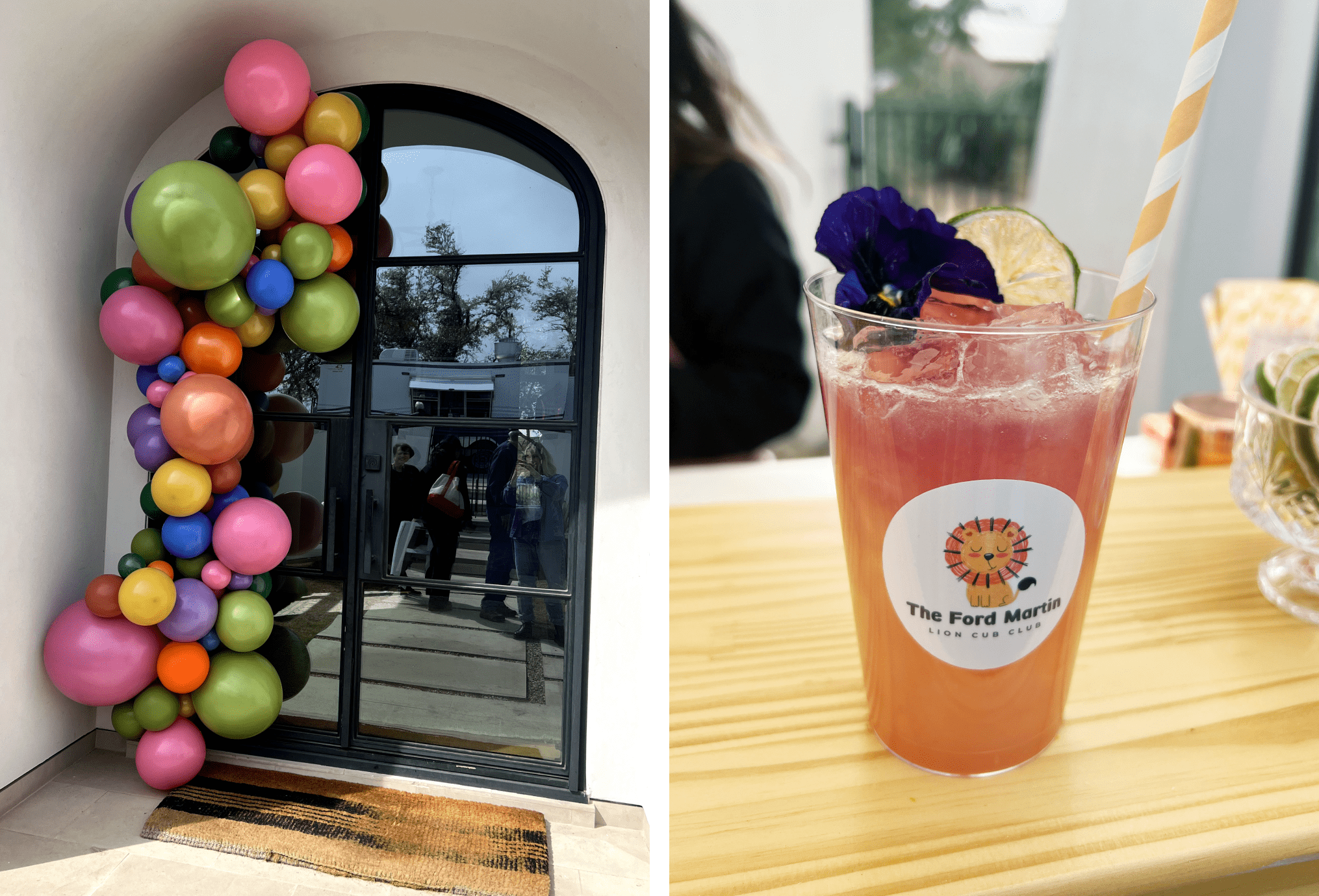 On left, a balloon arch. On right, a close-up of a signature cocktail.