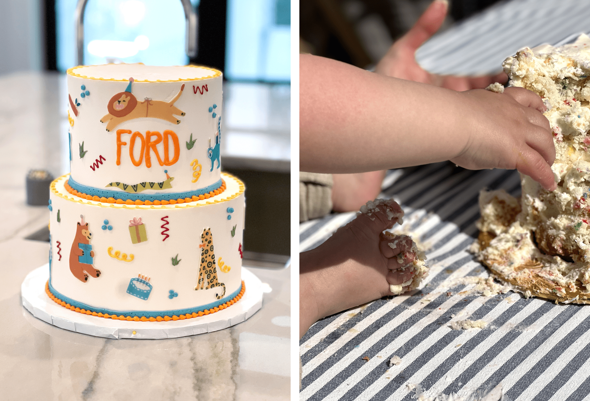 On left, a picture of the birthday cake. On right, a baby's hand reaches for cake.