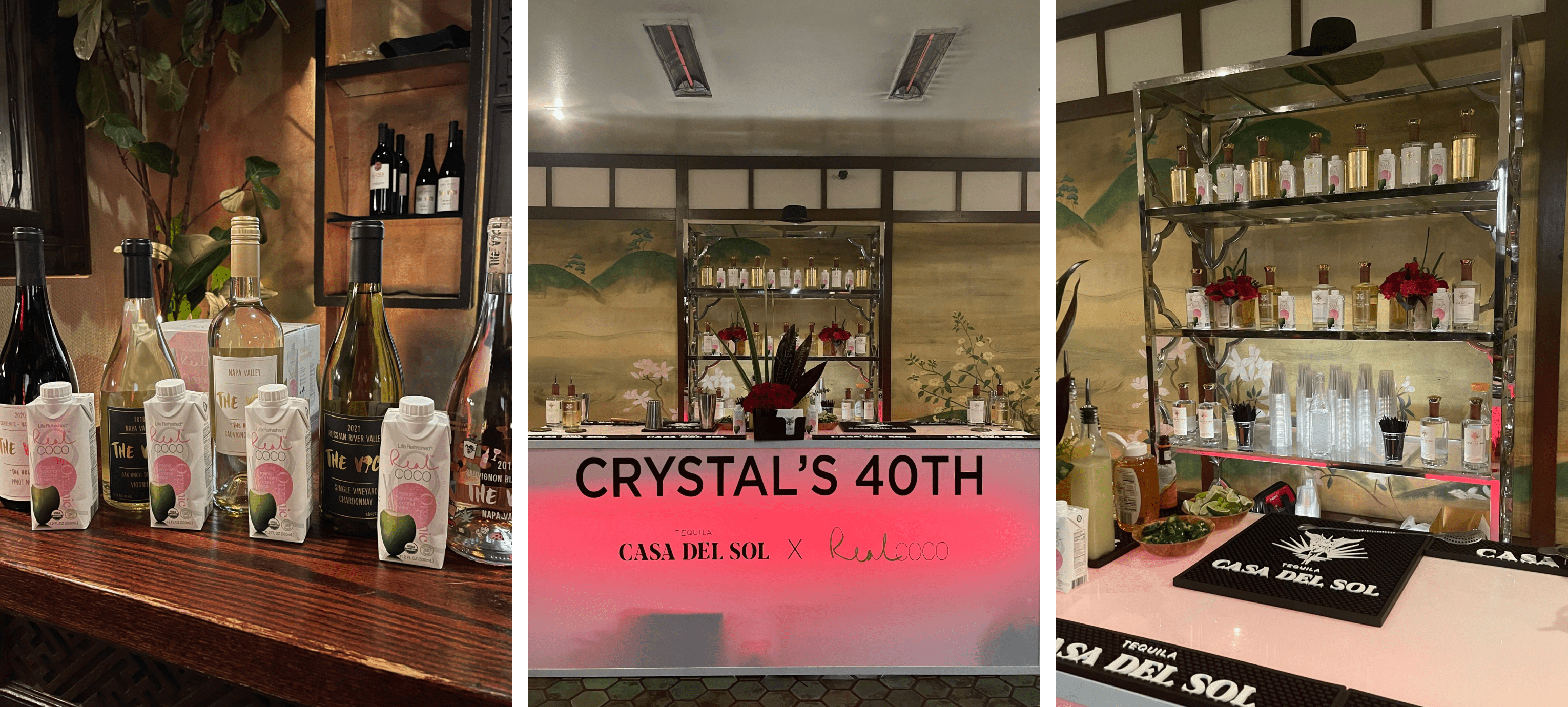 Three images of the bar at Crystal's party.