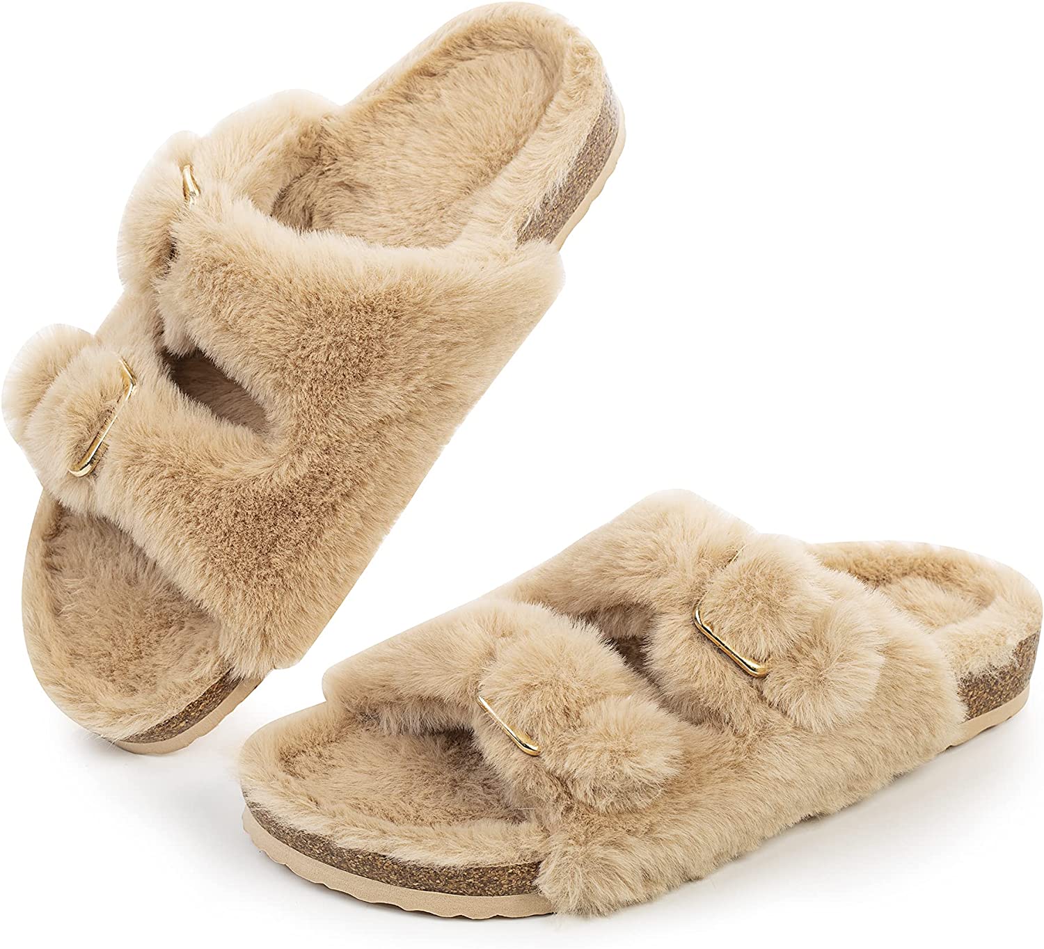 Fuzzy, open-toe slippers.