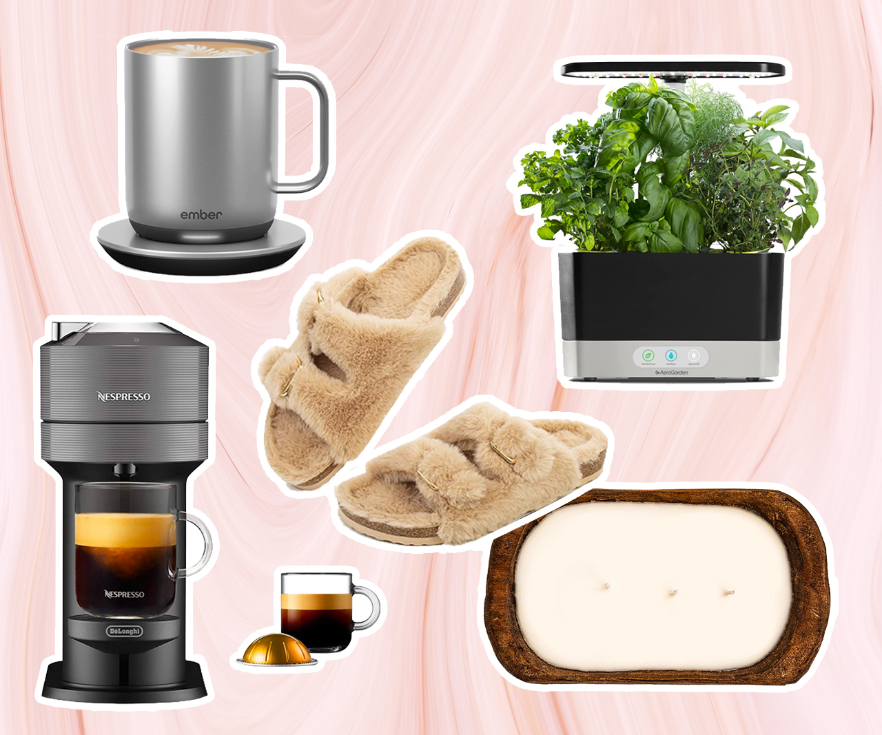 A collage of images including slippers, a coffee machine, and other gifts.