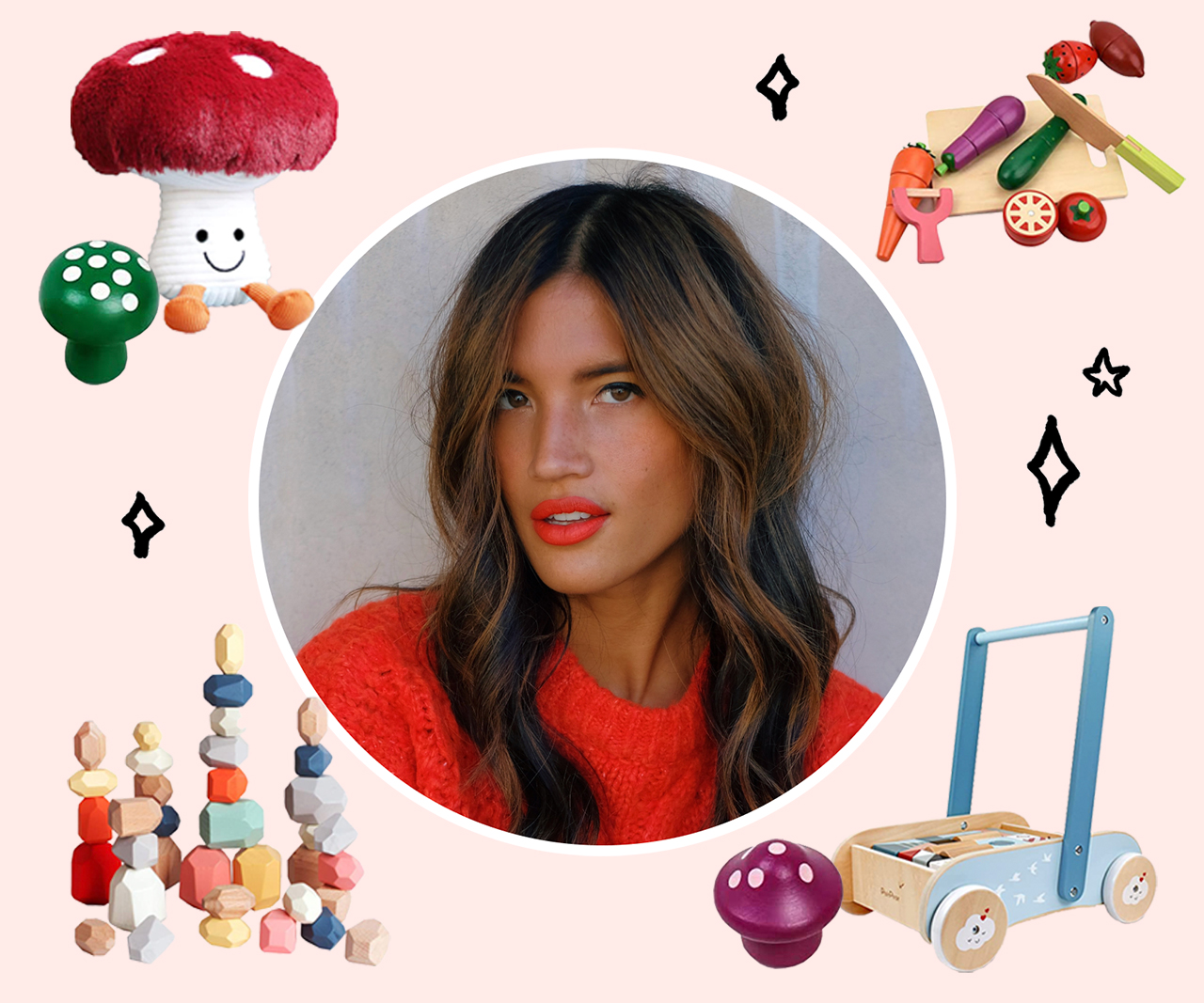 A circular headshot of Rocky Barnes with images of different kids' toys surrounding her.