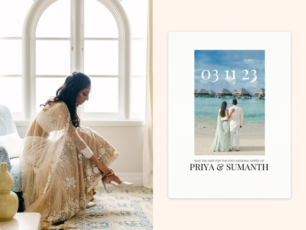 On left, Priya putting on shoes for her post-wedding celebration. On right, Priya and Sumanth's invitation.