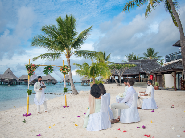 Guests sitting at the wedding on the beach.