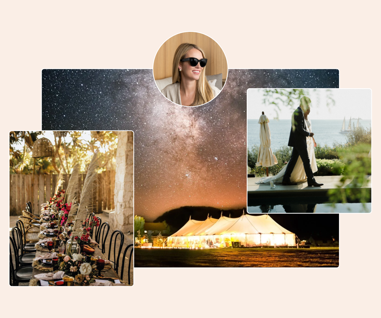 A collage of different destination weddings with a circular headshot of Lauren Tulp Cichoki centered at the top.