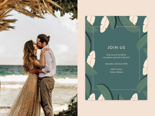 On left, a couple kissing on the beach. On right, a tropical invitation.