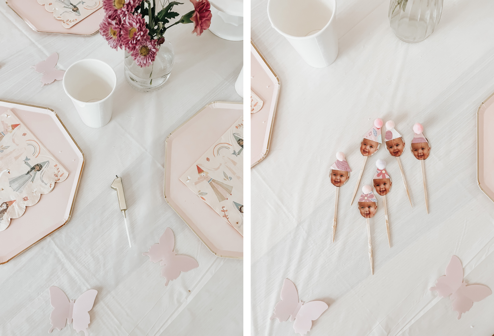 An overhead photo of a pink birthday tablescape for a fairy-themed party along with custom cupcake toppers.