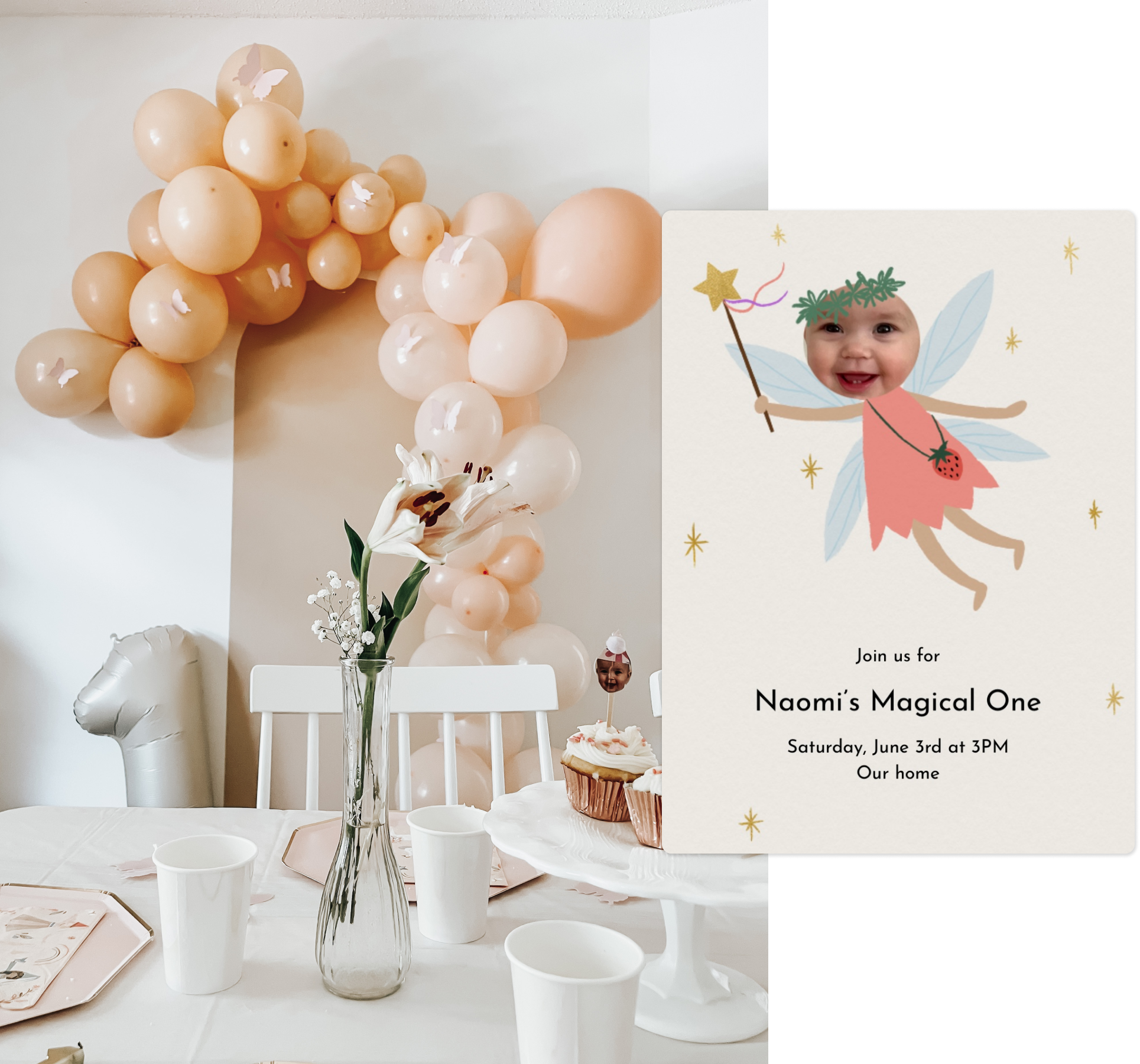 A balloon backdrop for a 1-year-old with a fairy-themed invitation next to it.