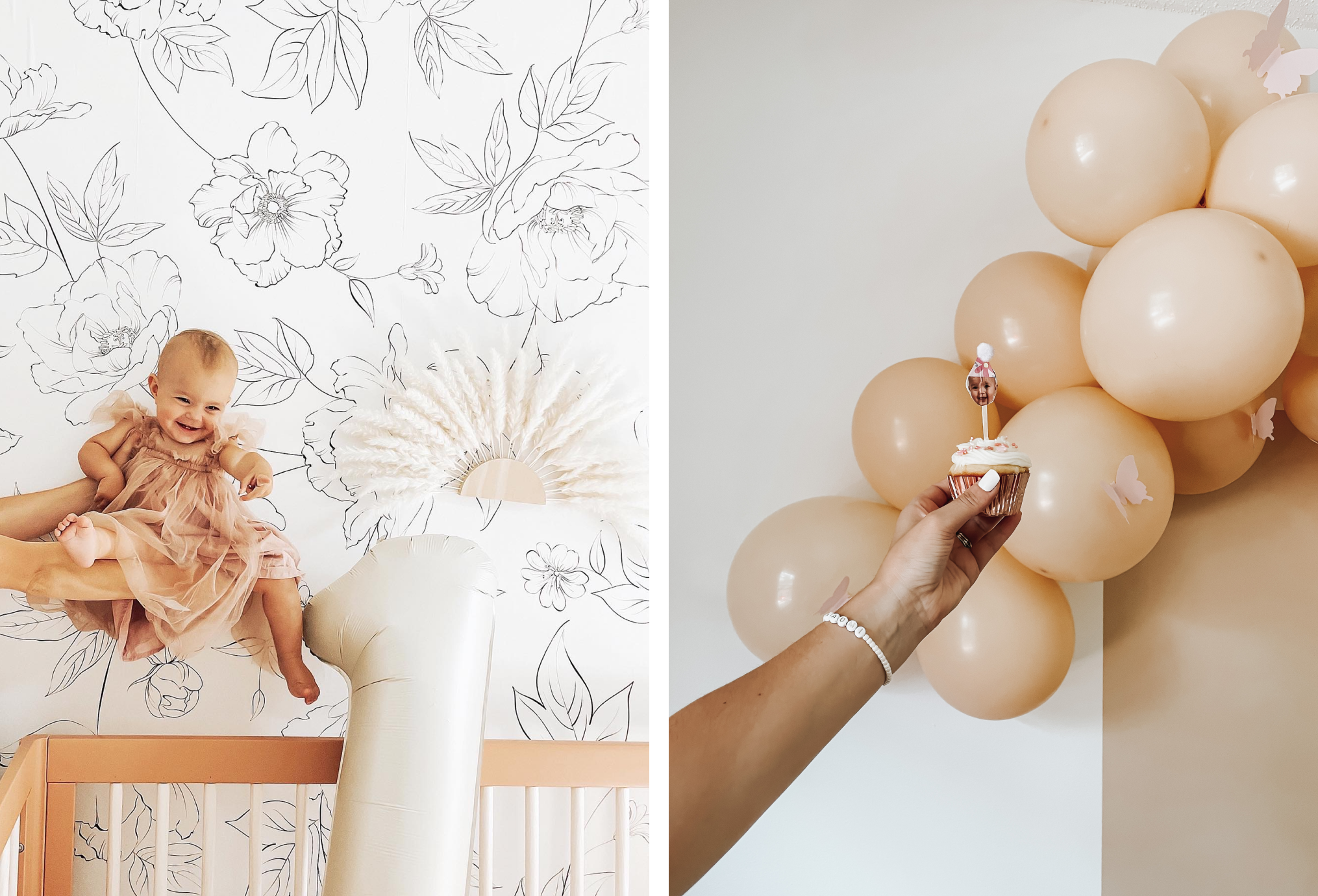 A photo of a smiling 1-year-old and a cupcake with balloons.