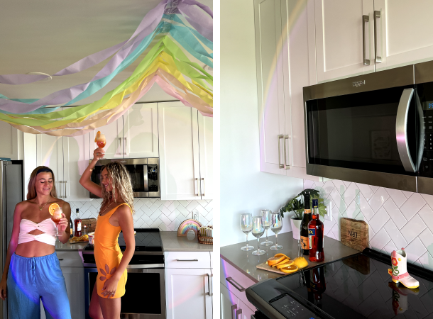 On left, two girls posing with drinks. On right, a corner of a kitchen lit up with colorful lights.