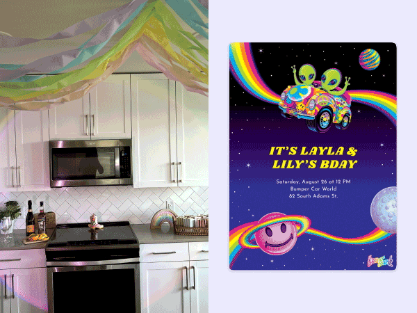 On left, part of a kitchen with colorful streamers. On right, a Lisa Frank invitation.