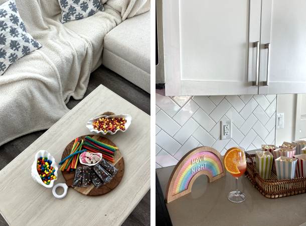 On left, snacks on a coffee table. On right, a rainbow sign that says "movie night" next to an orange cocktail and popcorn.
