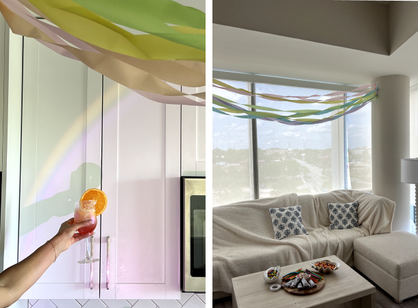 On left, a hand holding na orange cocktail. On right, a living room decorated with colorful streamers.