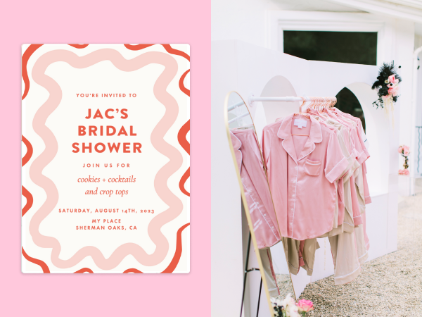 On left, the bridal shower invitation. On right, a rack of pink pajamas.