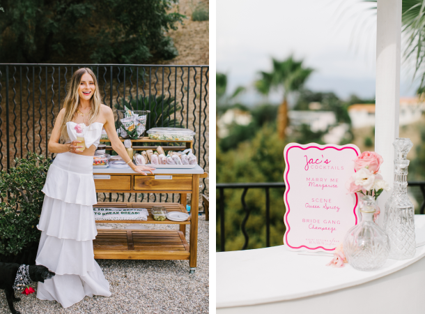 On left, a woman leaning against the snack table. On right, the signature cocktail menu.
