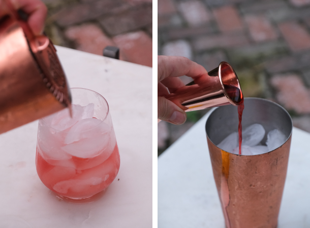 A Negroni cocktail being made.